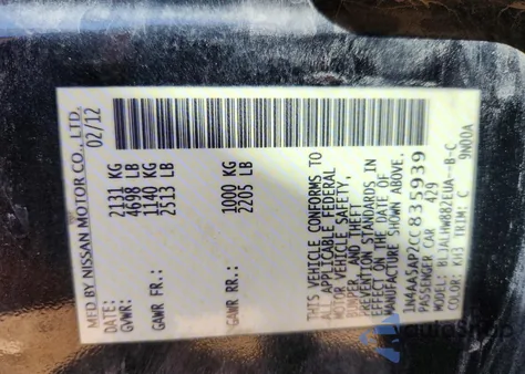 2012 Nissan Maxima S z USA, uszkodzony, nr VIN 1N4AA5AP2CC835939